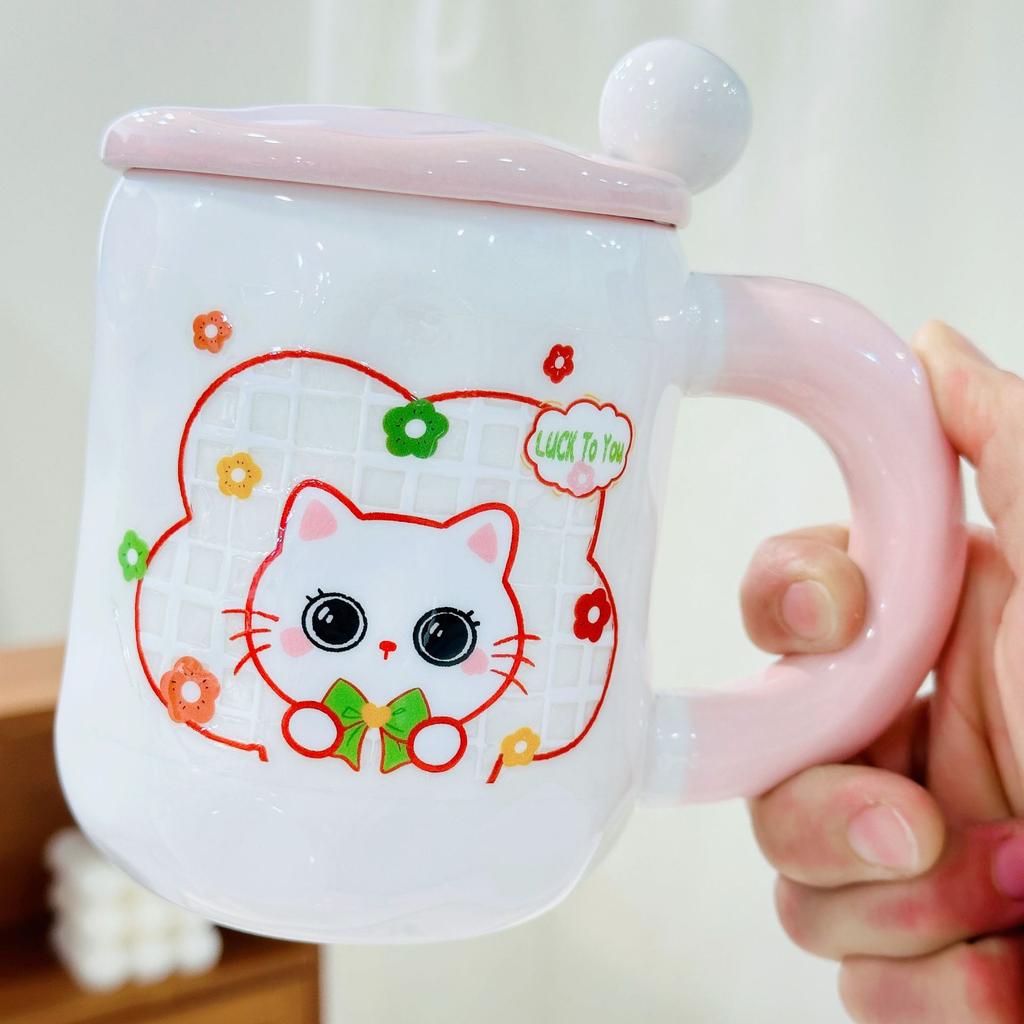 Cat Cup Household Set High Temperature Resistant Water Cup with Lid Spoon Cartoon Mug High Appearance Large Capacity Ceramic Cup