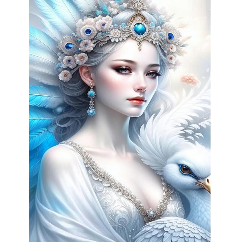 White Peacock and Girl 5D Full Round Diamond Painting Kits Zen Art Buddhist Sculpture DIY Drills Mosaic Embroidery Cross-stitch J3954