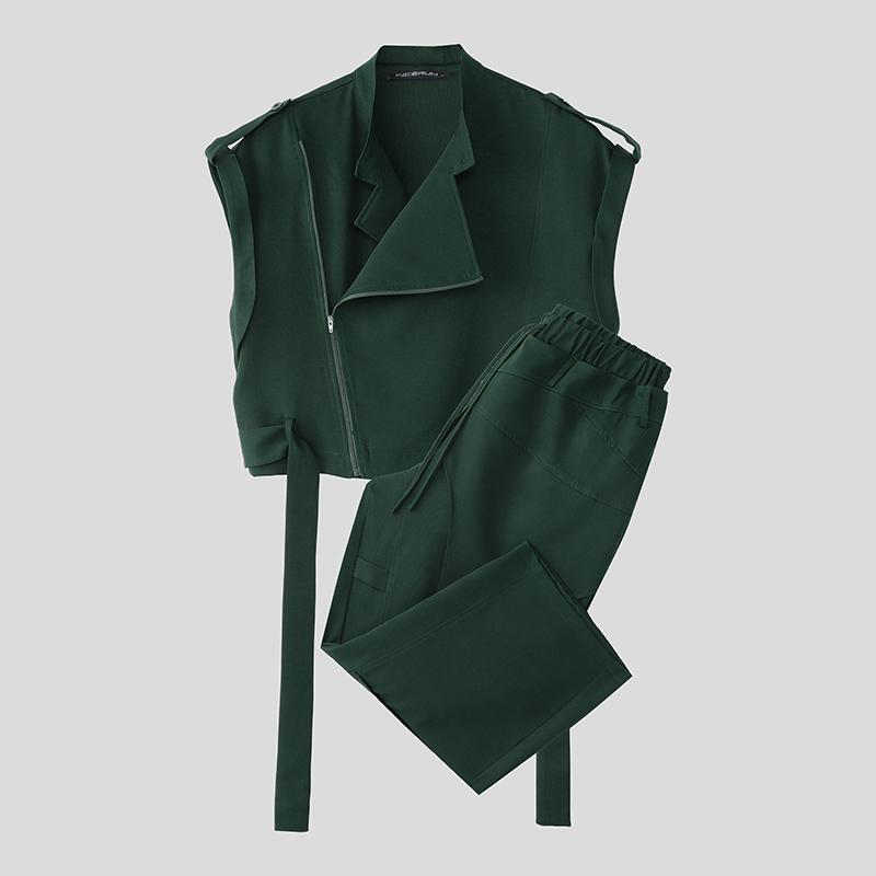 INCERUN Two Pieces Sets Men Zip-up Sleeveless Cropped Waistcoat and Long Cargo Pants Outfits