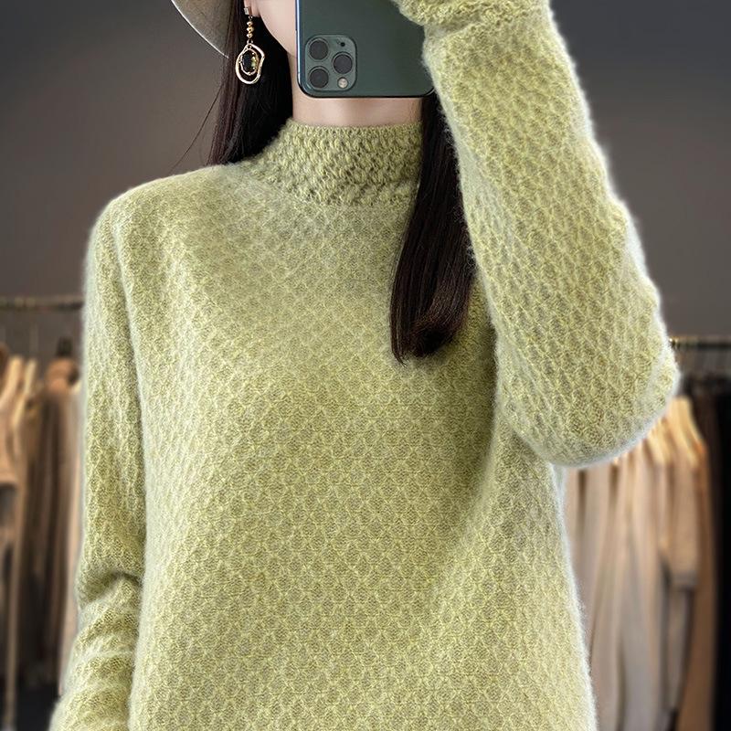 Women's Autumn Winter Thick Wool Sweater - Korean Style Half High Collar, Hollow Out Floral Design