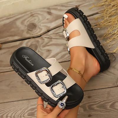 Металлический декор пряжки Плоские сандалии Женские Большого размера Толстая подошва Массивные шлепанцы на платформе 2025 Лето Комфорт Нескользящие Пляжные шлепанцы