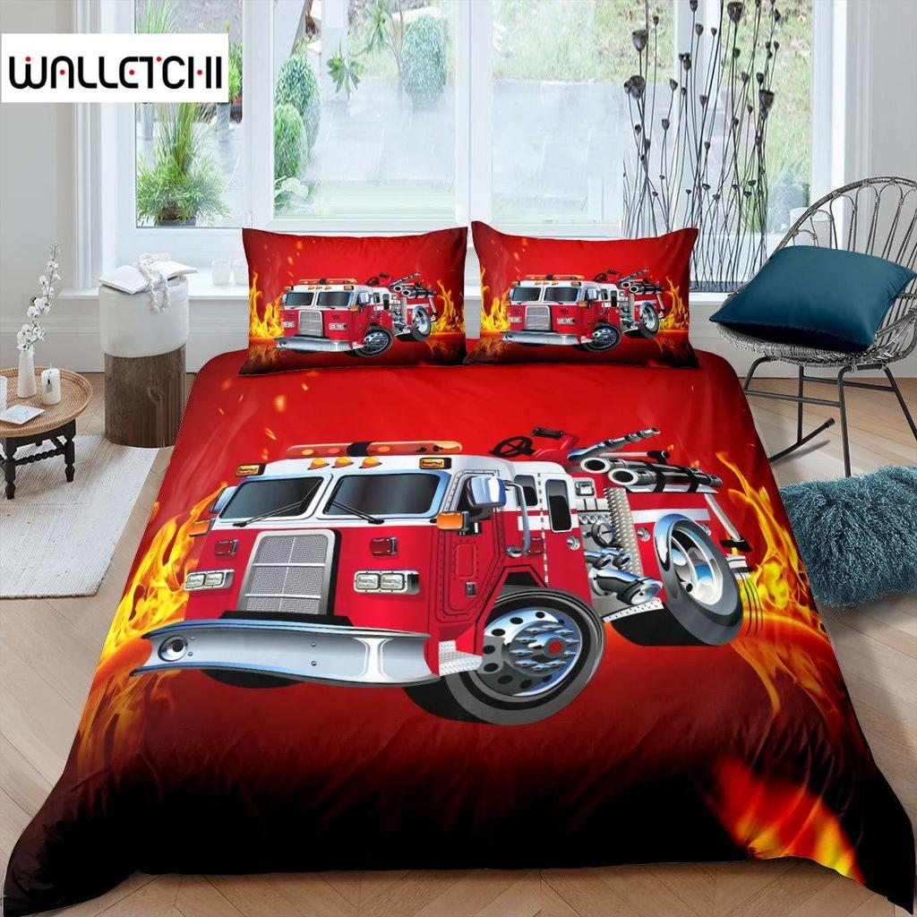 Firefighter Truck Duvet Cover King/Queen Size Red Firemen Car Bedding Set For Kids Boys Girls Fire Engine Polyester Quilt Cover