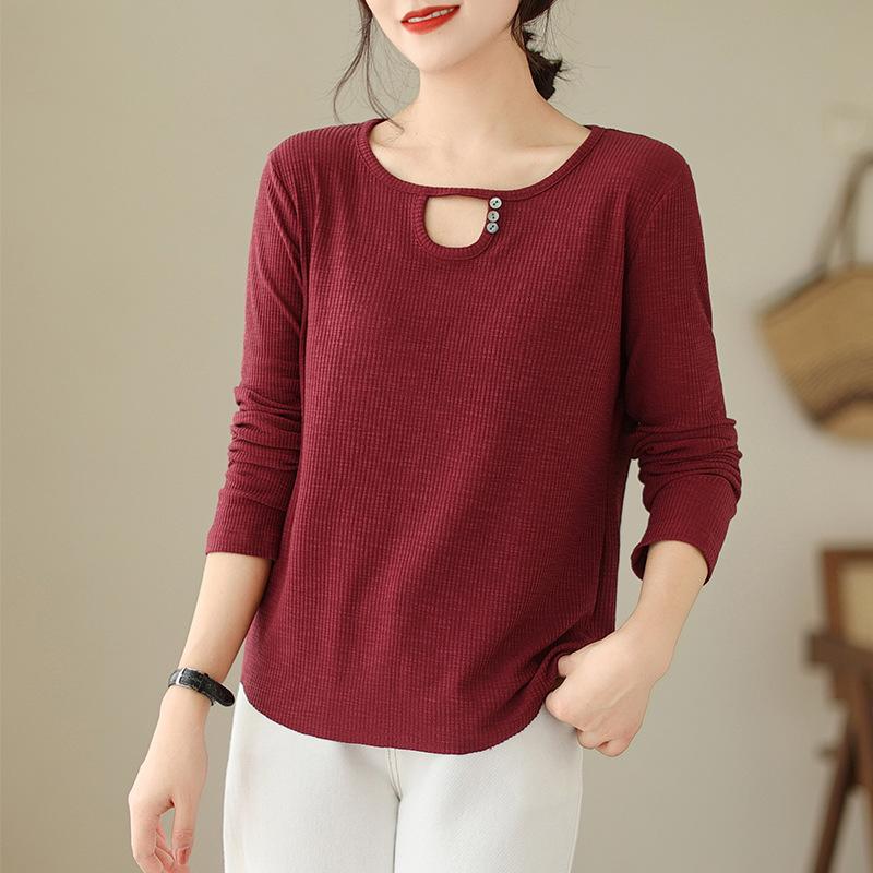 Футболка свободного кроя Autumn Plus Solid Color Loose Knit, художественная универсальная повседневная утягивающая футболка с длинными рукавами, женская