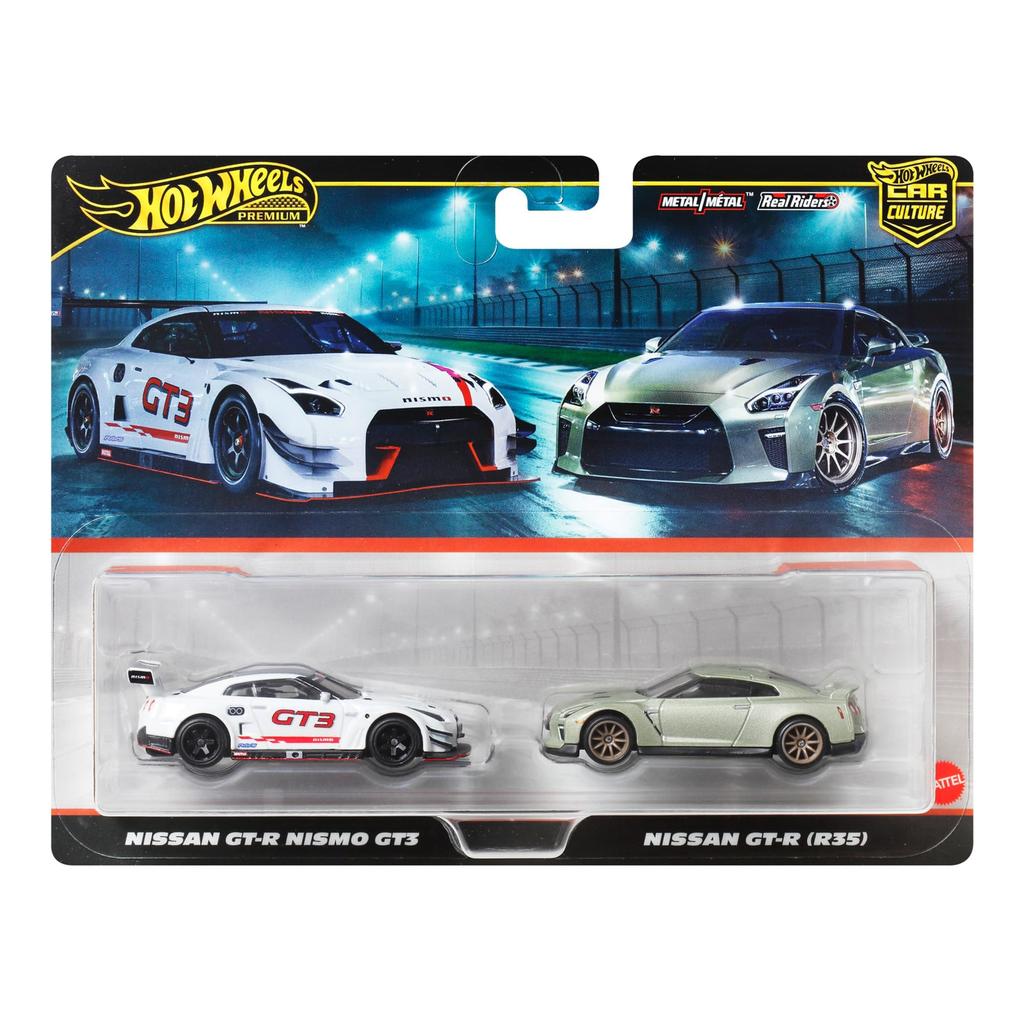 Hot Wheels Премиум Набор из 2 машинок Nissan GT-R Nismo GT3 / Nissan GT-R (Р35) Модели транспортных средств для детей от 3 лет и старше, многоцелевые, JBL05