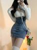Синий винтажный вязаный комплект из двух предметов, женский сексуальный джинсовый вечерний комплект с мини-юбкой, женский комплект, осень 2023 г.