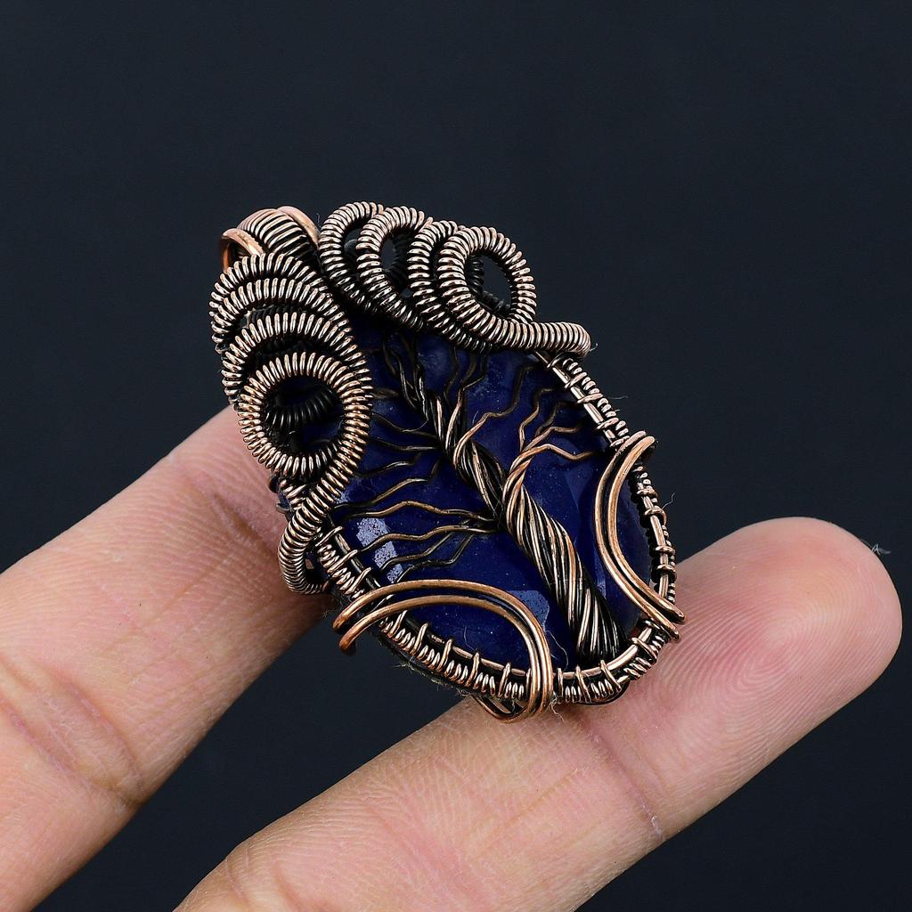 Blue Sapphire Pendant, Handmade Gemstone Pendant, 999 Copper Wire Wrapped Pendant Antique Jewelry, For Engagement Gift