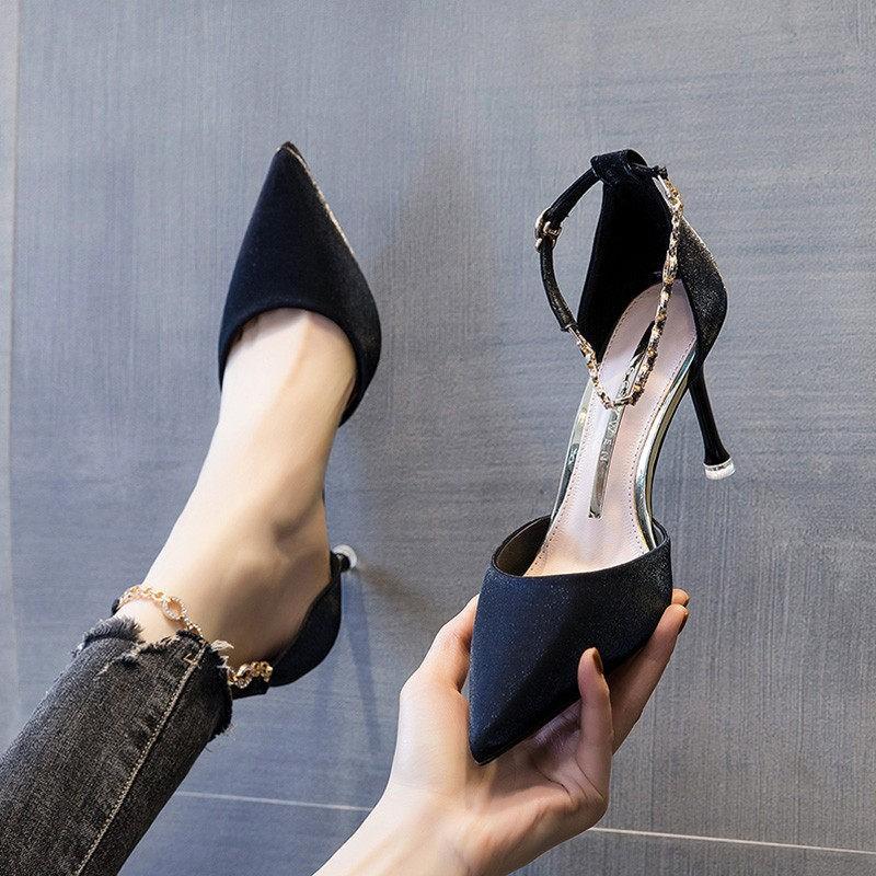 Red-soled High Heels, Sexy Satin One-word Buckle Pointed Rhinestones, Red Spring Stiletto Dress Women's Single Shoes