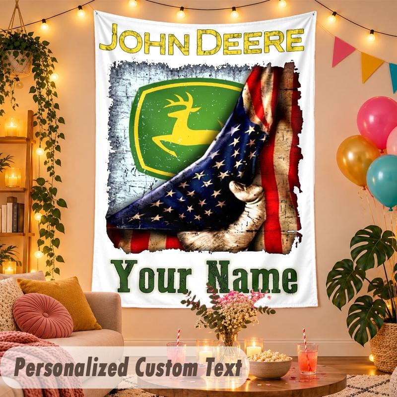 John Deere Personalized Wall Tapestry Custom Name Text Polyester Hanging Decor Home Room