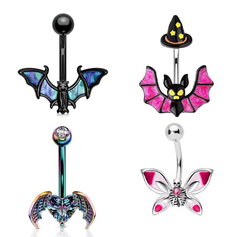 Punk Halloween Stainless Steel Belly Button Ring For Women Girl Personalized Bat Ghost Skeleton Navel Ring Body Piercing Jewelry