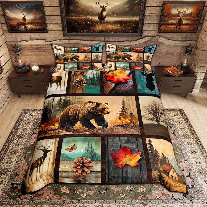 Comforter Homewish Rustic Deer Bear Woodland Animal Checkered Set Farmhouse Lodge Cabin Bedding Set