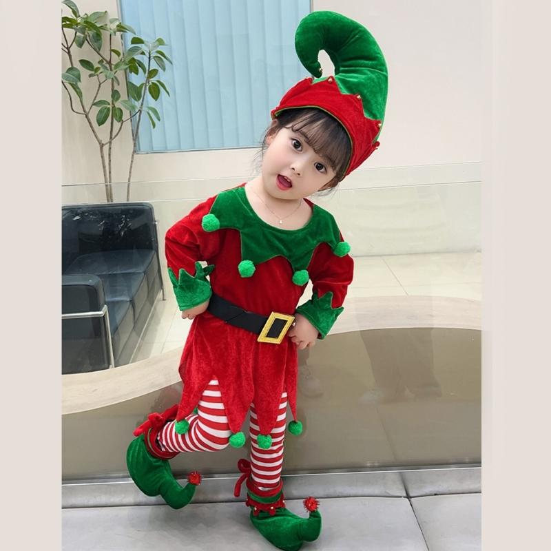 Children Christmas Dwarf Accessories for Boy Girl Kids Christmas Elf Costume Includes Elf Suit Elf Hat and Shoe Covers