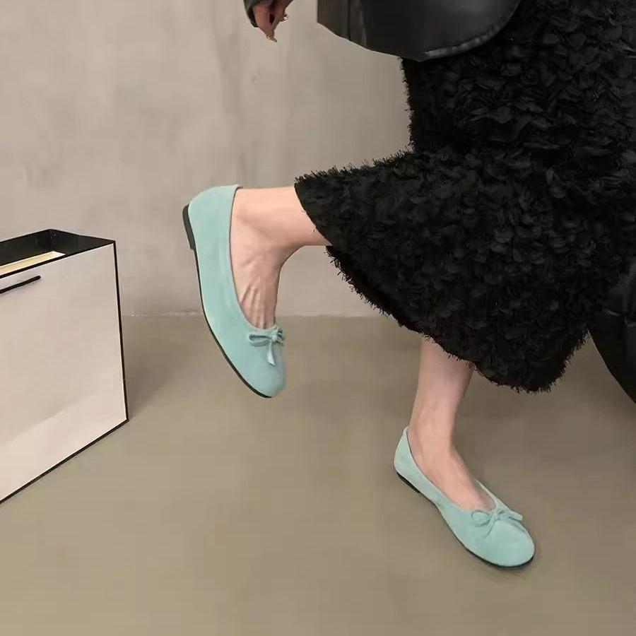 French Suede Bow Ballet Shoes Women's 2025 Spring New Gentle One-pedal Soft-faced Flat-soled Single Shoes Tide