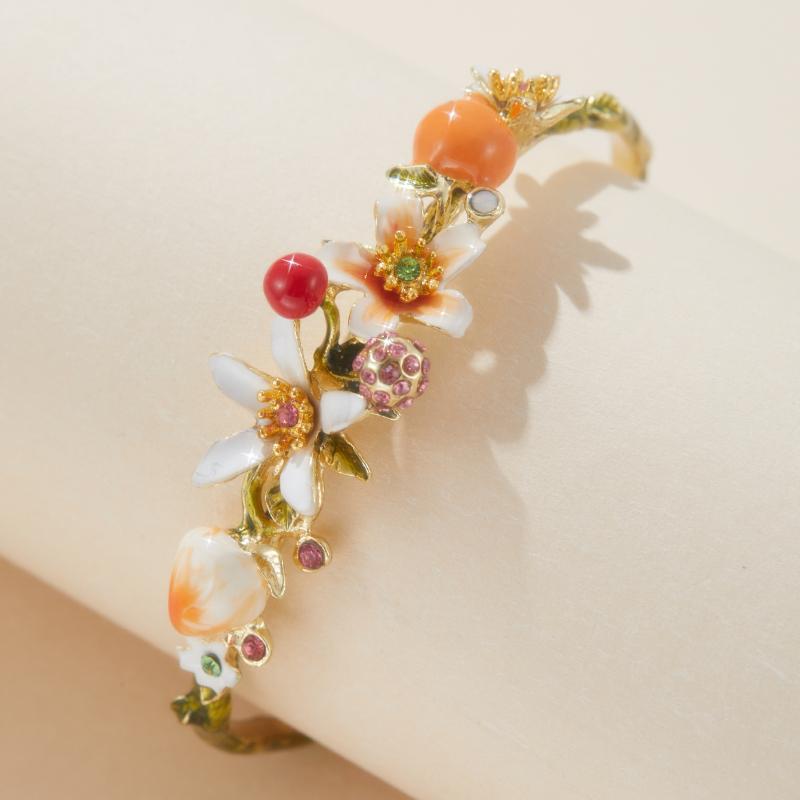 French Style Bangle for Woman Handmade Flowers Fruit Series Enamel Bangle Adjustable Bangle Birthday Gift Vacation Party JewelryGood product