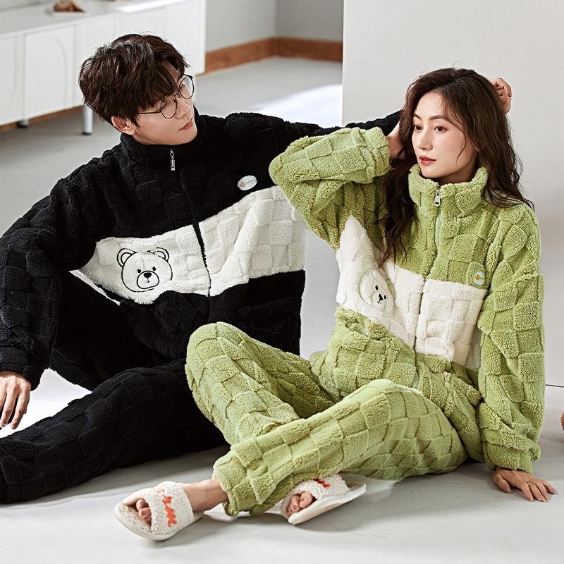 Парный комплект пижамы из кораллового флиса с рисунком - мужская и женская фланель на молнии для осени/зимы