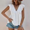 Spring and Summer Fashion Hollow-out V-neck Top with Ruffle Lace Short-sleeved Women’s T-shirts