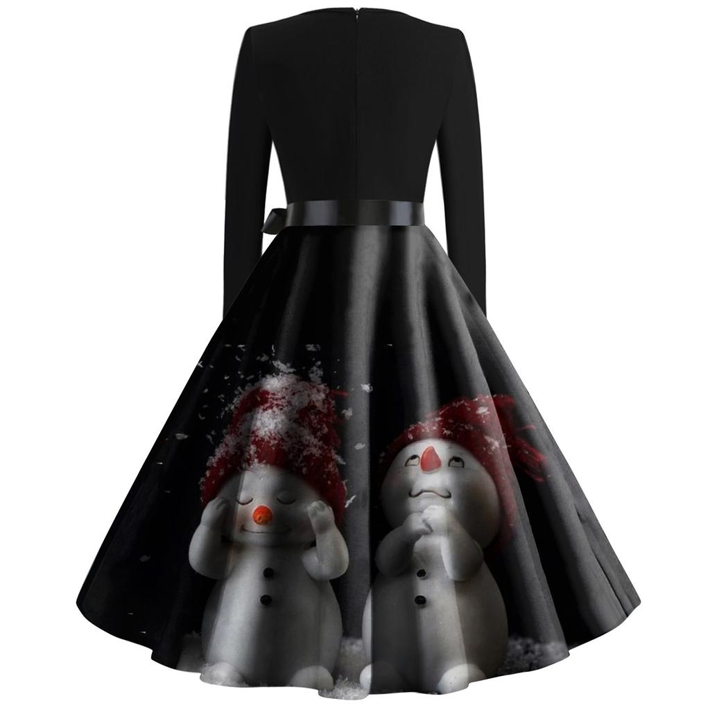 Женские модные повседневные тонкие рождественские платья с длинным рукавом с v-образным вырезом и принтом