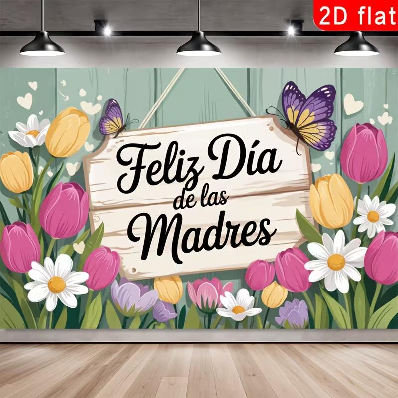 2D Feliz Día de las Madres Photography Backdrop, Rustic Wood Sign with Tulips and Butterflies Background