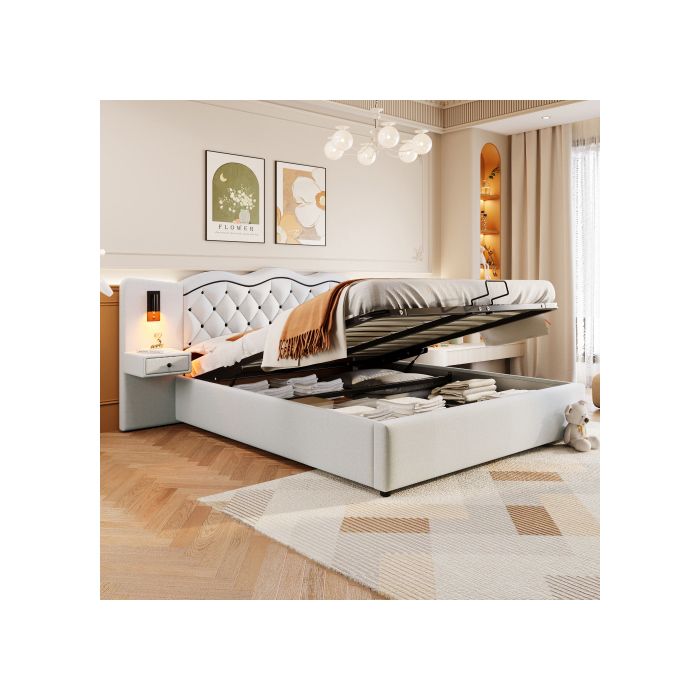 Lit - MUVOE - 180x200 cm - Rembourré - Espace de rangement - Prises USB intégrées