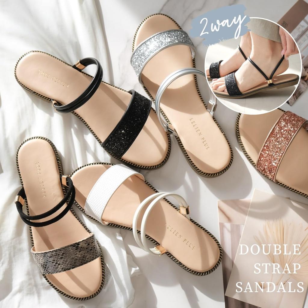 2WAY Сандалии на плоской подошве с двойным ремешком FX2104 Белый Серебристый [AmiAmi] 1,5 см Женские (L(24,0 см), Питон)