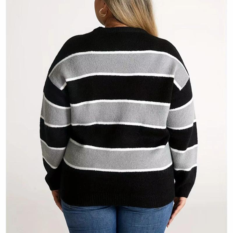 Полосатый лоскутный вязаный свитер для женщин с круглым вырезом и длинными рукавами, базовый пуловер, повседневный стильный свободный свитер, мягкий удобный рабочий топ