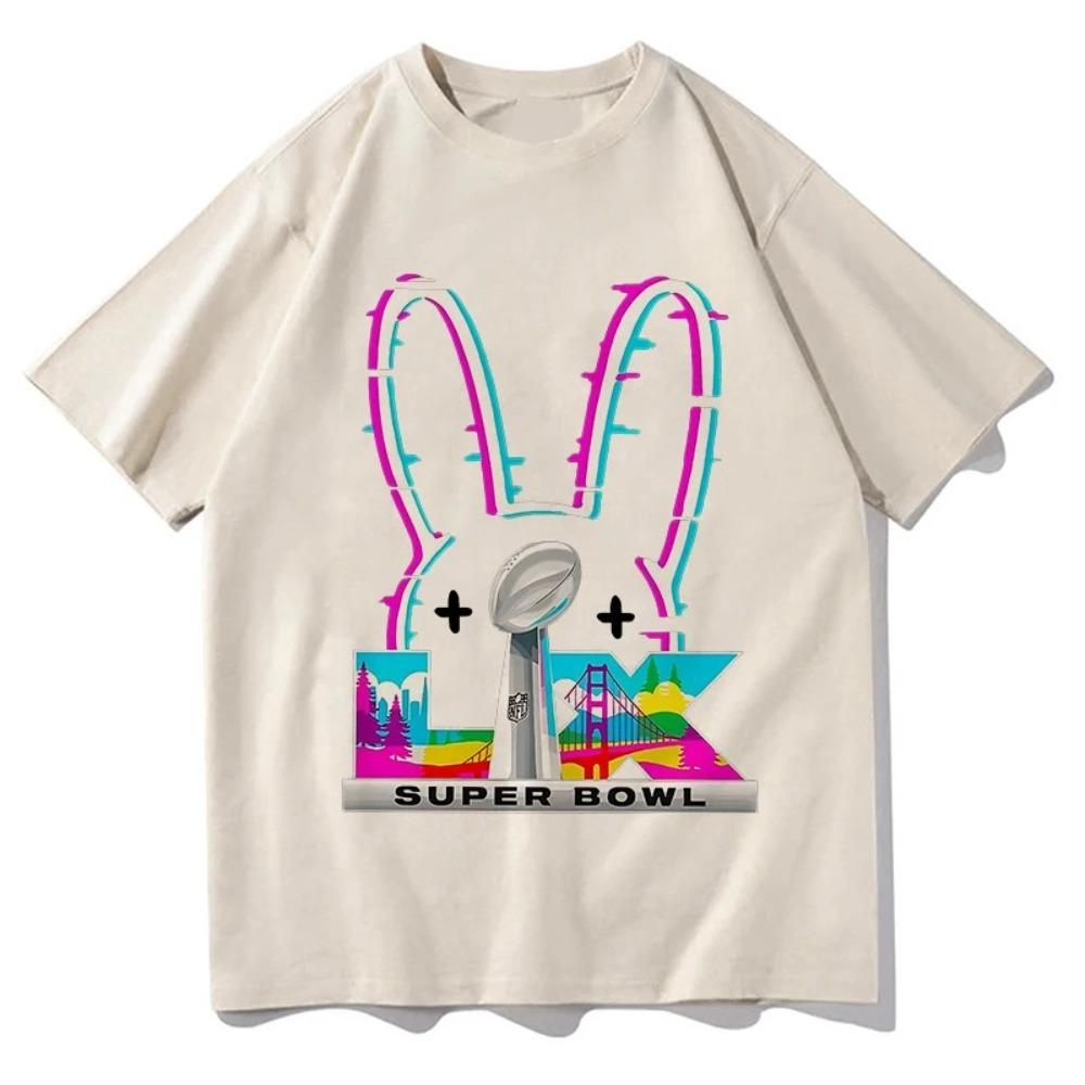 Суперфутболка Bad Bunny Super Bowl LIX 2026 Неоновый кролик Оверсайз, Графическая футболка NFL Сан-Франциско, Повседневный топ унисекс