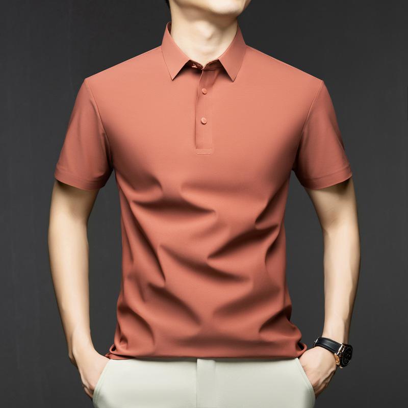 Мужская бесшовная рубашка поло из ледяного шелка - Летняя повседневная модель с коротким рукавом и однотонным дизайном