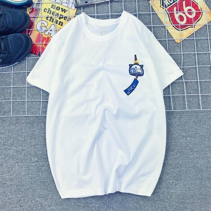 Магазин Fengtian в Японии Колокольчики ветра в виде свинок Мультяшный простой принт Подростковая парная футболка Мужская и женская футболка с коротким рукавом