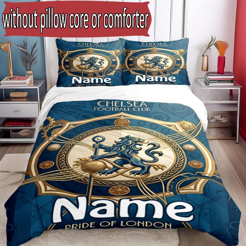 3pcs Duvet Cover Set (1*Duvet Cover + 2*Pillowcase, Without Core), Custom Name Chelsea Football Club Pattern Bedding Set, Home Bedroom Decor Gift