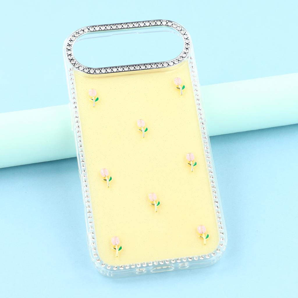 For iPhone Air Case Rhinestone Edge Small Tulips Decor TPU+PC IMD Phone Cover