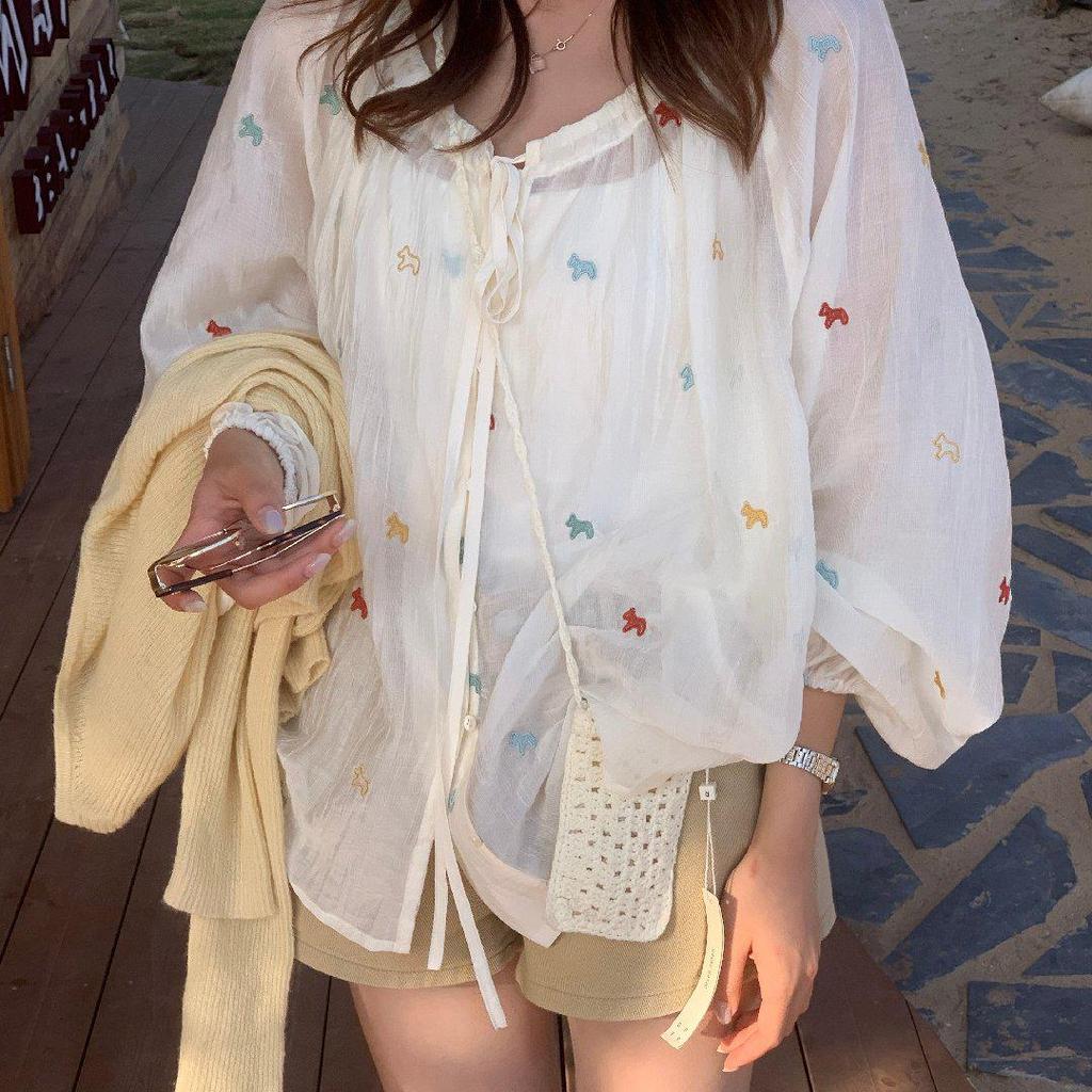 Женская блузка с длинным рукавом, лимонно-зеленая, с цветочной вышивкой – Стройнящий топ на завязках, защита от солнца