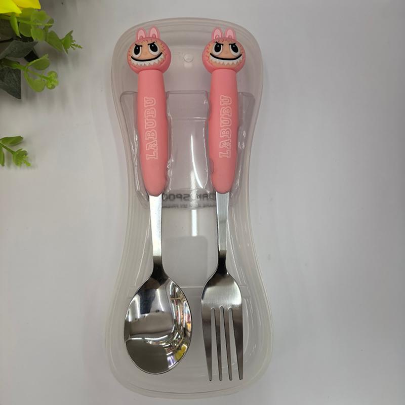 Мультяшный набор детской посуды из нержавеющей стали большого размера Labubu, набор из двух предметов, детская посуда, портативная вилка, ложка, детские товары
