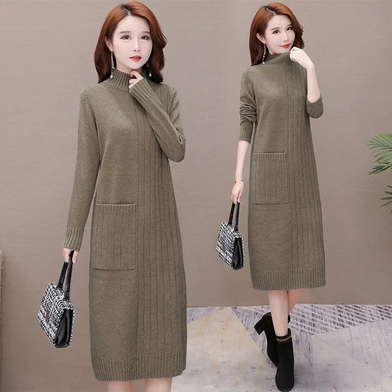 Autumn Winter Women's Mid-length Knitted Dress Solid Color Pullover Dress Thickened Half High Collar Bottoming Knitted Pockets Dress
