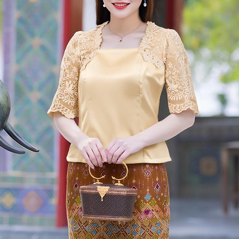 ZANZEA Женская повседневная атласная блузка с квадратным вырезом, кружевной вставкой и рукавами до локтя