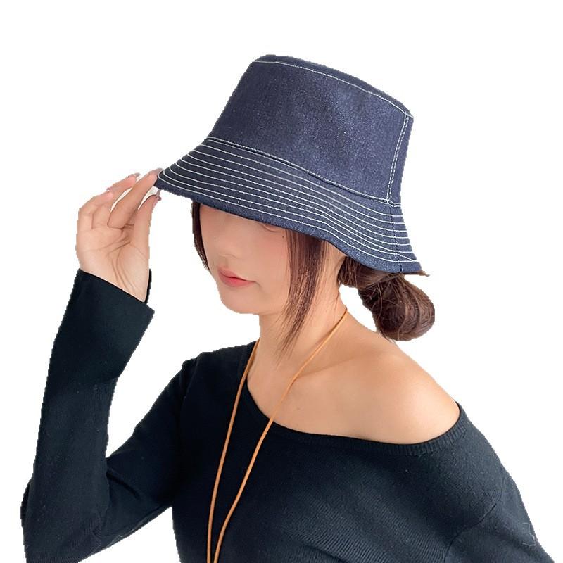 Reversible denim fisherman hat for spring and autumn, outdoor sun protection, vintage versatile large head circumference bucket hat for women