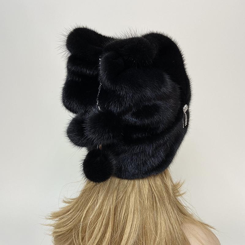 Новые роскошные зимние шапки для женщин с помпоном из натурального меха норки, украшенные бриллиантами, теплая снежная шапка для улицы из натурального меха