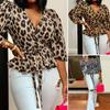 Women Blouses Elegant Office Tunic Shirt Sexy Deep V-Neck Leopard Print Belted Fashion Tops Ruffles Blouse Women Sexy Tops
