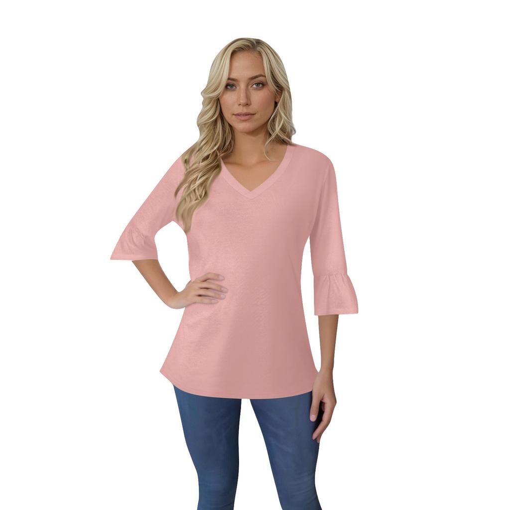 Women's Casual 3/4 Sleeve Top Summer V-neck Puffy Sleeve T-shirt Top