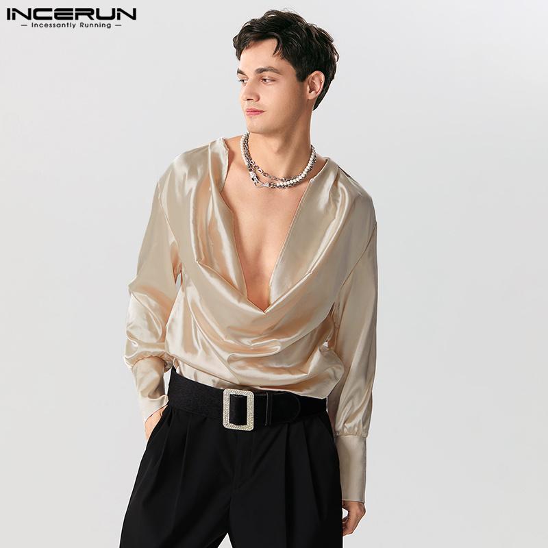 INCERUN Swinging Collar Men Hollow Out Long Sleeves Satin Tops