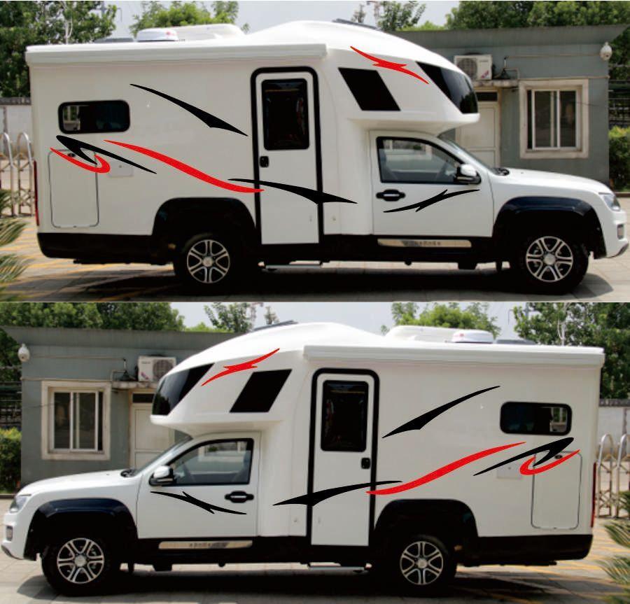 Caravan Camper Van Stripe Graphic Coconut Tree Scenery Vinyl Decal Sticker Set