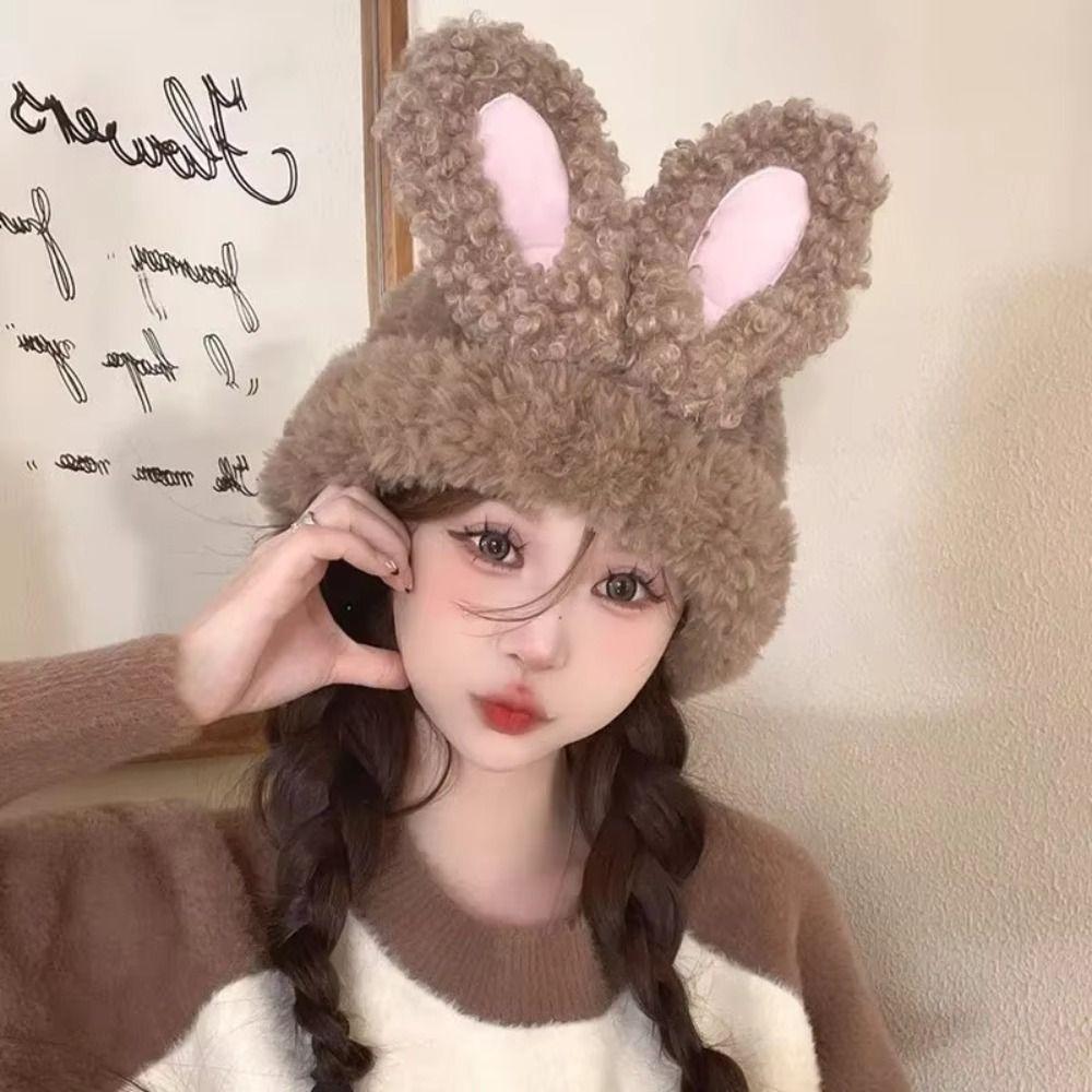 Elastic Rabbit Ear Beanies Solid Color Winter Outdoor Warm Cap Knitted Plush Hat Autumn Winter