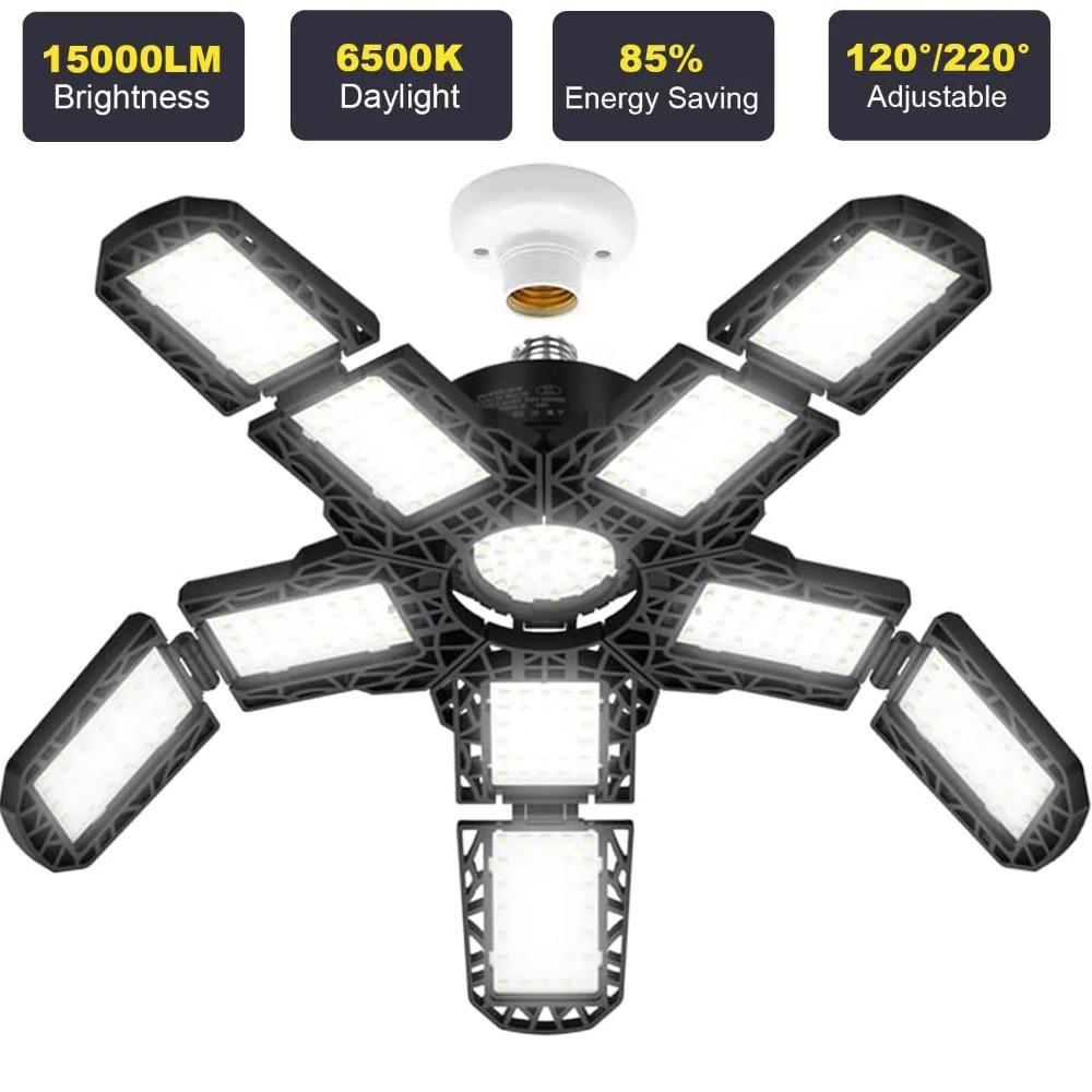 Светодиодный гаражный светильник с 10 панелями и регулируемыми панелями, сверхяркий, потолочное освещение E27/E26, рабочий свет для подвала, мастерской, склада