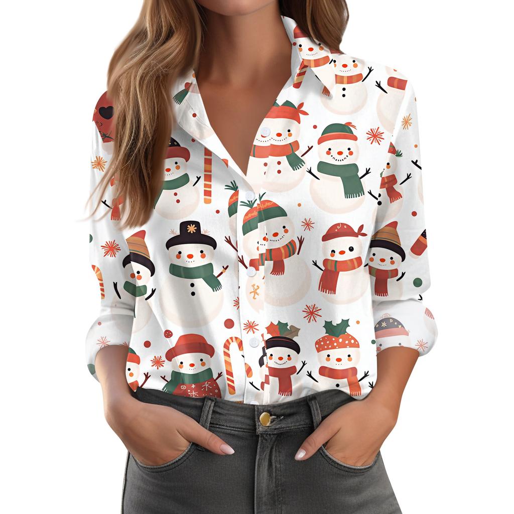 Women's Shirt Blouse Christmas Print Button Long Sleeve Casual Basic Shirt Collar Regular Top