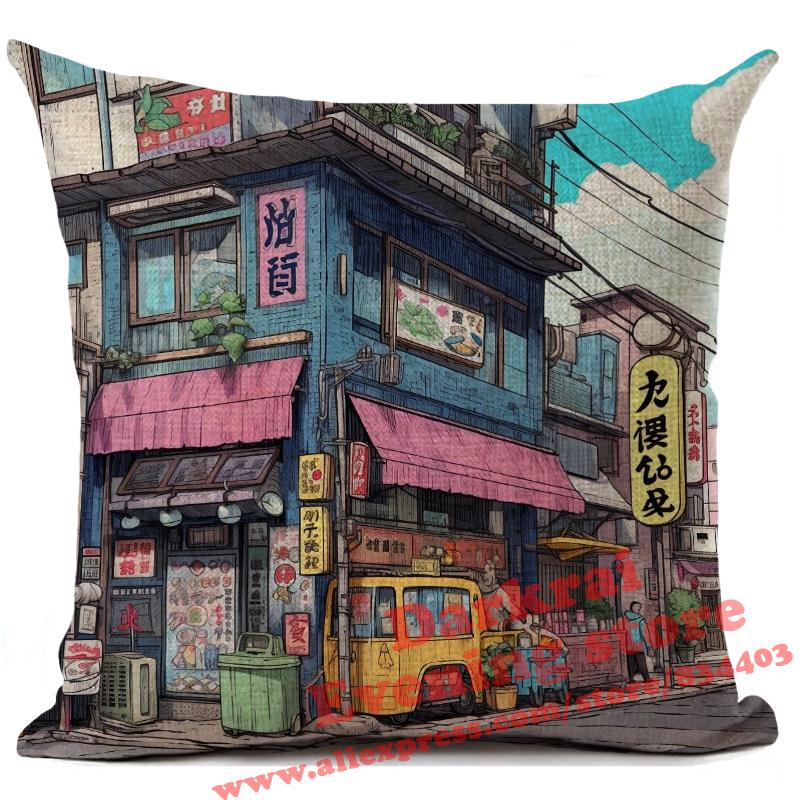 Cartoon Street Corner Linen Cushion Cover Japan Architecture Style Home Decoration Living Room Sofa Throw Pillows Case 45X45Cm