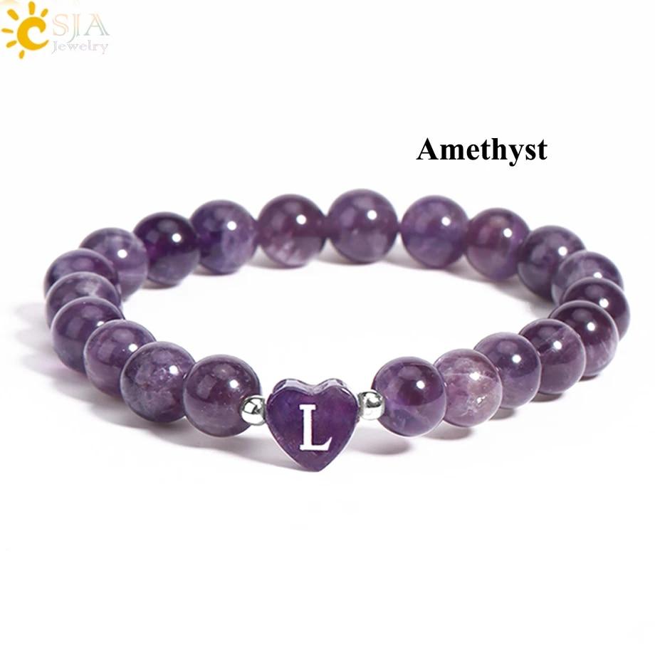 26 Letter A-Z Initial Heart Shape Crystal Bracelets Real Natural Stone Beads Amethysts Obsidian Sodalite Bracelet for Lover H283