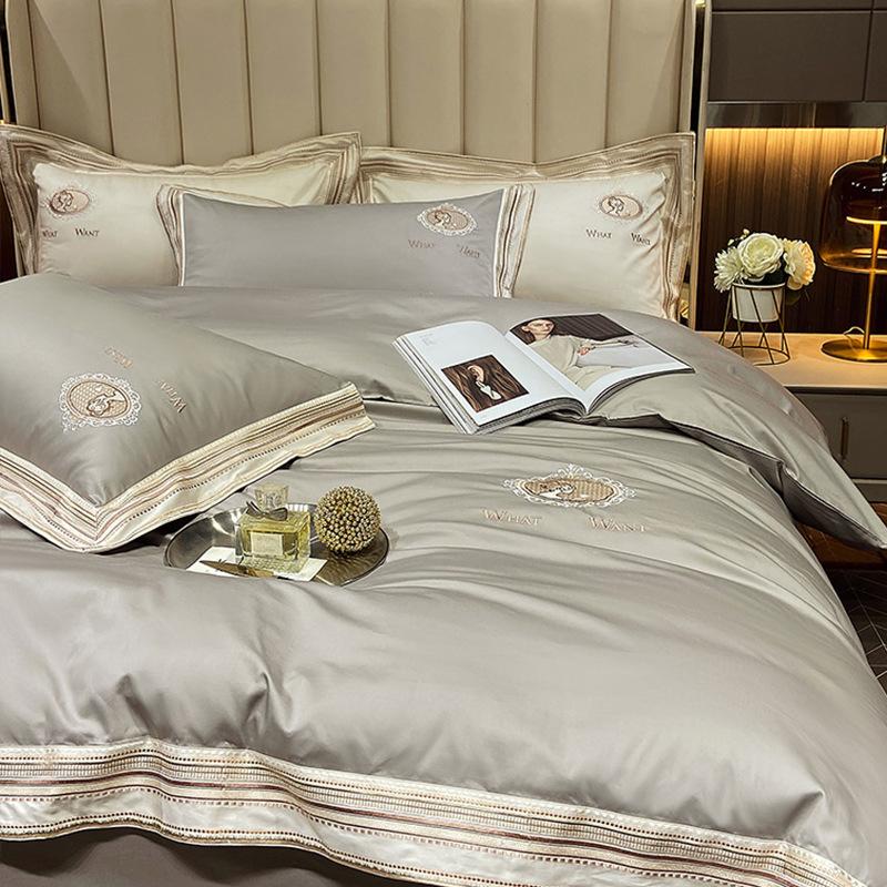 Light Luxury Style 140S Long-staple Cotton Embroidered Four-piece Set, Pure Cotton Embroidery, Skin-friendly Four-piece Set, High-end