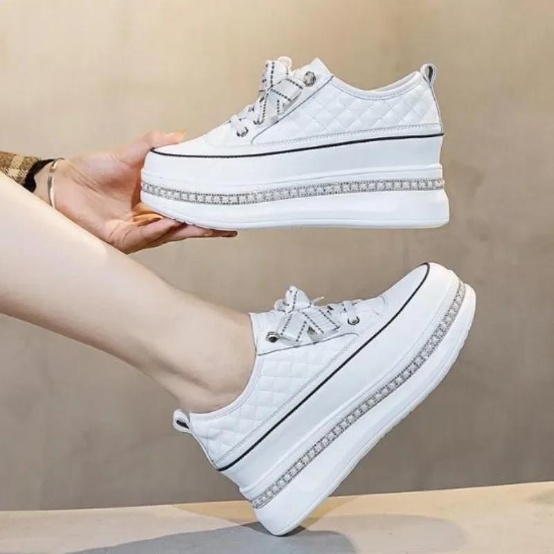 6 см новые туфли на танкетке из натуральной кожи на платформе Zapatos De Mujer Bling Vulcanize массивные кроссовки-лодочки на платформе женская мода