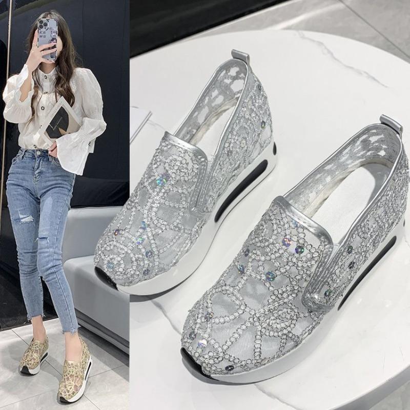 Large Size Mesh Sports Single Shoes Women's Summer Breathable Rhinestone Platform Sandals Women