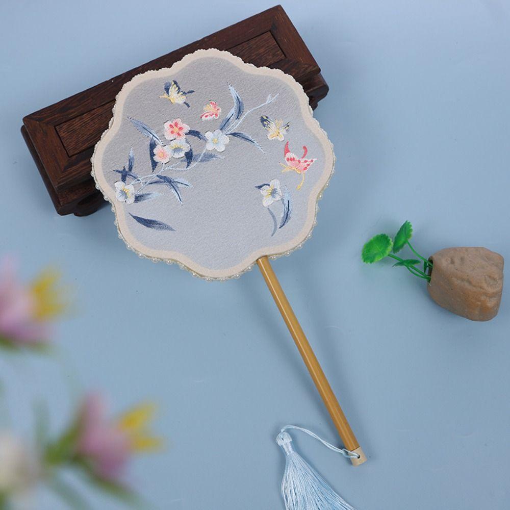 Классический круглый веер в китайском стиле, винтажный вышитый шелковый веер, двусторонний с кисточкой, ручной веер для женщин