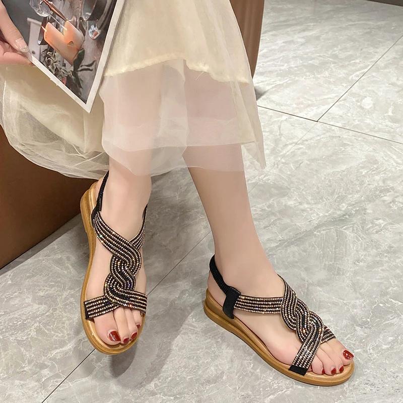 Fashion 2024 Hot Sale Shoes Female Elastic Band Women's Sandals Summer Open Toe Rome Sequins Solid Outdoor Casual Beach Wedge Sandals