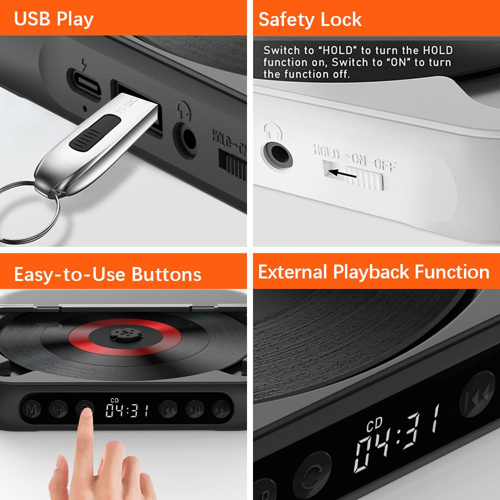 CD Player Portable BT Music Player CD Runner with Dustproof Cover 6 Modes A-B Repeat Timer Remote